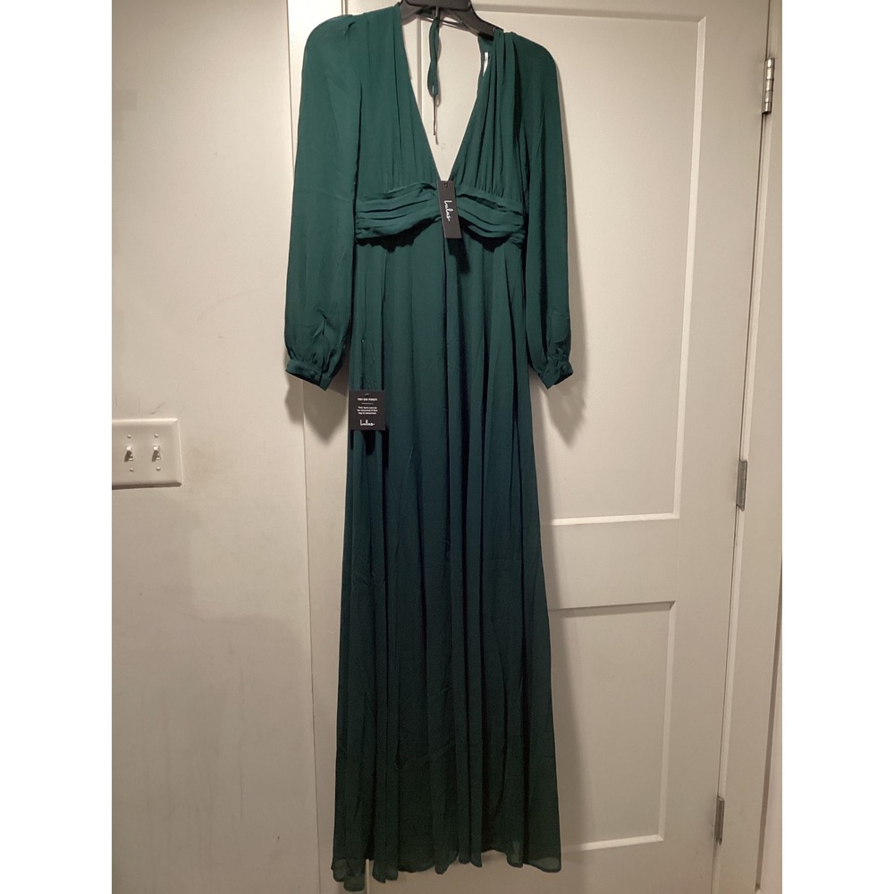 Lulus Dark Green Long Sleeve V-Neck Maxi Dress Pleated Empire Waist NWT Size S